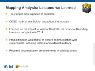 Mapping Analysis: Lessons we Learned
Took longer than expected to complete
COSO material was helpful throughout the process
Focused on the impact to Internal Control Over Financial Reporting
to ensure completion in 2014
Project timeline was helpful to ensure communication with
stakeholders, including internal and external auditors
Required documentation enhancements in selected areas
 