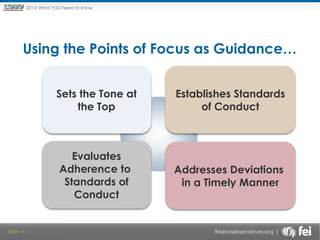 Principles and Points ofYOU Need to Know
2013: What Focus: The New

Framework

Using the Points of Focus as Guidance…
 

Sets the Tone at
the Top

Evaluates
Adherence to
Standards of
Conduct

Slide 16

Establishes Standards
of Conduct

Addresses Deviations
in a Timely Manner

 