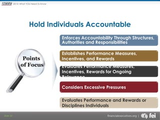 Principles and Points ofYOU Need to Know
2013: What Focus: The New

Framework

Hold Individuals Accountable
Enforces Accountability Through Structures,
Authorities and Responsibilities

Points
of Focus

Establishes Performance Measures,
Incentives, and Rewards
Evaluates Performance Measures,
Incentives, Rewards for Ongoing
Relevance
Considers Excessive Pressures
Evaluates Performance and Rewards or
Disciplines Individuals

Slide 33

 