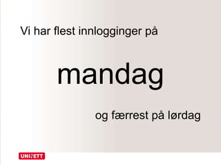 Vi har flest innlogginger på
mandag
og færrest på lørdag
 