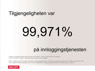 Tilgjengeligheten var
99,971%
på innloggingstjenesten
Feides innloggingstjeneste brukes alle dager i året og alle tider på døgnet.
I 2014 hadde vi ingen vedlikeholdsvinduer med nedetid.
Merk: Tallene viser Feides sentrale innloggingstjeneste. Enkelte vertsorganisasjoner hadde problemer med
sine lokale Feide-kataloger som kunne medføre innloggingsproblemer for deres egne brukere
 