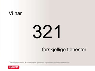 Vi har
321
forskjellige tjenester
Offentlige tjenester, kommersielle tjenester, organisasjonsinterne tjenester
 