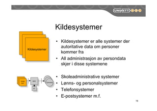 19
Kildesystemer
• Kildesystemer er alle systemer der
autoritative data om personer
kommer fra
• All administrasjon av persondata
skjer i disse systemene
• Skoleadministrative systemer
• Lønns- og personalsystemer
• Telefonsystemer
• E-postsystemer m.f.
Kildesystemer
BAS
AT
Tjeneste
Kilde
sys.
 