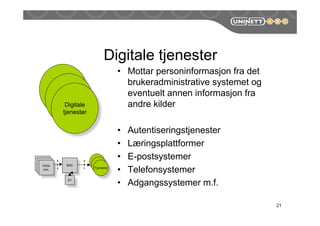 21
Digitale tjenester
• Mottar personinformasjon fra det
brukeradministrative systemet og
eventuelt annen informasjon fra
andre kilder
• Autentiseringstjenester
• Læringsplattformer
• E-postsystemer
• Telefonsystemer
• Adgangssystemer m.f.
Tjeneste
Tjeneste
Digitale
tjenester
BAS
AT
Tjeneste
Kilde
sys.
 