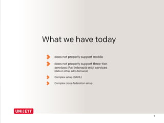 What we have today
does not properly support mobile
does not properly support three-tier, 
services that interacts with services 
(data in other adm.domains)
Complex setup (SAML)
Complex cross-federation setup
4
 