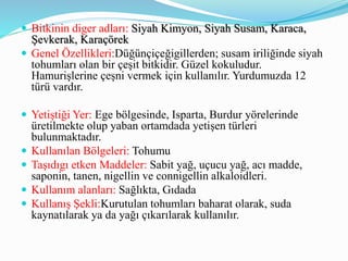  Bitkinin diger adları: Siyah Kimyon, Siyah Susam, Karaca,
Şevkerak, Karaçörek
 Genel Özellikleri:Düğünçiçeğigillerden; susam iriliğinde siyah
tohumları olan bir çeşit bitkidir. Güzel kokuludur.
Hamurişlerine çeşni vermek için kullanılır. Yurdumuzda 12
türü vardır.
 Yetiştiği Yer: Ege bölgesinde, Isparta, Burdur yörelerinde
üretilmekte olup yaban ortamdada yetişen türleri
bulunmaktadır.
 Kullanılan Bölgeleri: Tohumu
 Taşıdıgı etken Maddeler: Sabit yağ, uçucu yağ, acı madde,
saponin, tanen, nigellin ve connigellin alkaloidleri.
 Kullanım alanları: Sağlıkta, Gıdada
 Kullanış Şekli:Kurutulan tohumları baharat olarak, suda
kaynatılarak ya da yağı çıkarılarak kullanılır.
 