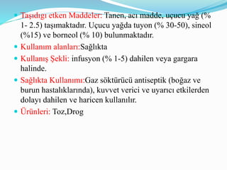  Taşıdıgı etken Maddeler: Tanen, acı madde, uçucu yağ (%
1- 2.5) taşımaktadır. Uçucu yağda tuyon (% 30-50), sineol
(%15) ve borneol (% 10) bulunmaktadır.
 Kullanım alanları:Sağlıkta
 Kullanış Şekli: infusyon (% 1-5) dahilen veya gargara
halinde.
 Sağlıkta Kullanımı:Gaz söktürücü antiseptik (boğaz ve
burun hastalıklarında), kuvvet verici ve uyarıcı etkilerden
dolayı dahilen ve haricen kullanılır.
 Ürünleri: Toz,Drog
 