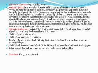  Kullanım alanları:Sağlık,gıda sanayi
 Kullanış Şekli:Bu meyveler, Anadolu'da taze ya da kurutulmuş olarak yenir.
Ayrıca kompostosu, reçeli, şerbeti, ezmesi ya da pekmezi yapılarak tüketilir.
Çay gibi demlendirilip içilir. Kuşburnu meyveleri sonbaharda toplanır. 2,5 tatlı
kaşığı dolusu kuşburnu, ortalarından kesilip bir bardak suya konularak, su
kaynama noktasına kadar ısıtılır. Sonra ateş kısılarak 10-15 dakika daha ısıtma
sürdürülür. İnsanı rahatsız eden tüylü çekirdeklerinin ayrılması için bunlar
süzülür. Böylece hazırlanan dekoksiyondan istenildiği kadar içilebilir. Eğer bu
dekoksiyonun içimi hoş gelmezse, kaynama sırasında içine biraz bal ya da seker
katılır ve şurup haline getirilerek alınır.
 Sağlıkta Kullanımı:En iyi doğal C vitamini kaynağıdır. Enfeksiyonlara ve soğuk
algınlıklarına karşı bedenin direncini artırır.
 Hafif müshil etkisi vardır.
 Hafif idrar söktürücü etki taşır.
 Tonik ve besleyicidir: Bedendeki güçsüzlük ve bitkinlik durumlarına karşı en
iyi doğal ilaçtır.
 Hafif bir doku ve damar büzücüdür. Diyare durumunda ishali kesici etki yapar.
 Safra kesesi, böbrek ve mesane sorunlarında bedeni destekler.
 Ürünleri: Drog, toz, ekstrakt
 