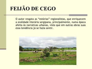 FEIJÃO DE CEGO   O autor resgata as “estórias” regionalistas, que enriquecem a oralidade literária sergipana, principalmente, numa época afeita às narrativas urbanas, visto que em outras obras suas essa tendência já se fazia sentir.  