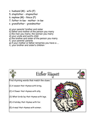 4. husband (M) - wife (F)
5. stepfather - stepmother
6. nephew (M) - Niece (F)
7. father-in-law - mother- in-law
8. grandfather - grandmother
a) your parents' brother and sister
b) father and mother of the person you marry
c) the man you marry; the woman you marry
d) your uncle and aunt's child
e) the brother and sister of the person you marry
f) your parents' parents
g) if your mother or father remarries you have a ...
h) your brother and sister's children
Find rhyming words that match the clues:
(1) A season that rhymes with bring.
(2) A flower that rhymes with silly.
(3) What birds lay that rhymes with legs.
(4) A holiday that rhymes with fur.
(5) A meal that rhymes with winner.
 