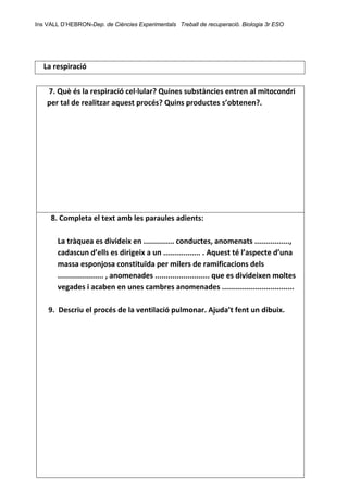 Ins VALL D’HEBRON-Dep. de Ciències Experimentals Treball de recuperació. Biologia 3r ESO 
 
 
  La respiració 
 
 7. Què és la respiració cel∙lular? Quines substàncies entren al mitocondri 
per tal de realitzar aquest procés? Quins productes s’obtenen?. 
 8. Completa el text amb les paraules adients:
 
La tràquea es divideix en .............. conductes, anomenats ................, 
cadascun d’ells es dirigeix a un ................. . Aquest té l’aspecte d’una 
massa esponjosa constituïda per milers de ramificacions dels 
..................... , anomenades ......................... que es divideixen moltes 
vegades i acaben en unes cambres anomenades ................................. 
 
9.  Descriu el procés de la ventilació pulmonar. Ajuda’t fent un dibuix. 
 
 
 
 
 
 
 
 
 
 
 
 
 
 
 