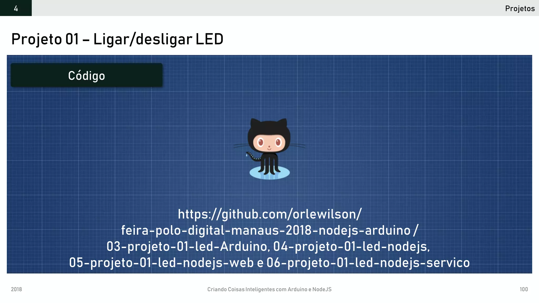2018 Criando CoisasInteligentes com Arduino e NodeJS 100
Projetos4
Projeto 01 – Ligar/desligar LED
Código
https://github.com/orlewilson/
feira-polo-digital-manaus-2018-nodejs-arduino /
03-projeto-01-led-Arduino, 04-projeto-01-led-nodejs,
05-projeto-01-led-nodejs-web e 06-projeto-01-led-nodejs-servico
 
