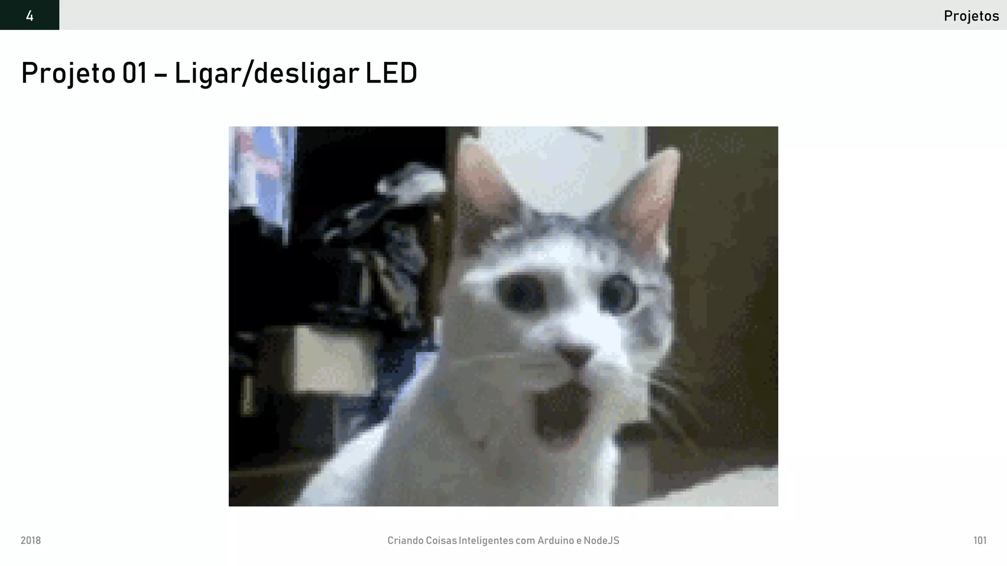 2018 Criando CoisasInteligentes com Arduino e NodeJS 101
Projetos4
Projeto 01 – Ligar/desligar LED
 