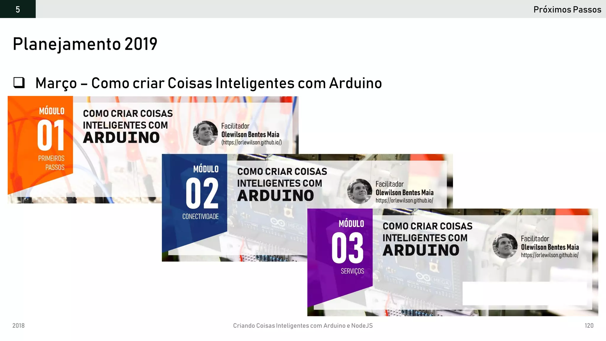 2018 Criando CoisasInteligentes com Arduino e NodeJS 120
Próximos Passos5
https://github.com/orlewilson/arduino-nodejs-docker/projeto-01
Planejamento 2019
 Março – Como criar Coisas Inteligentes com Arduino
 