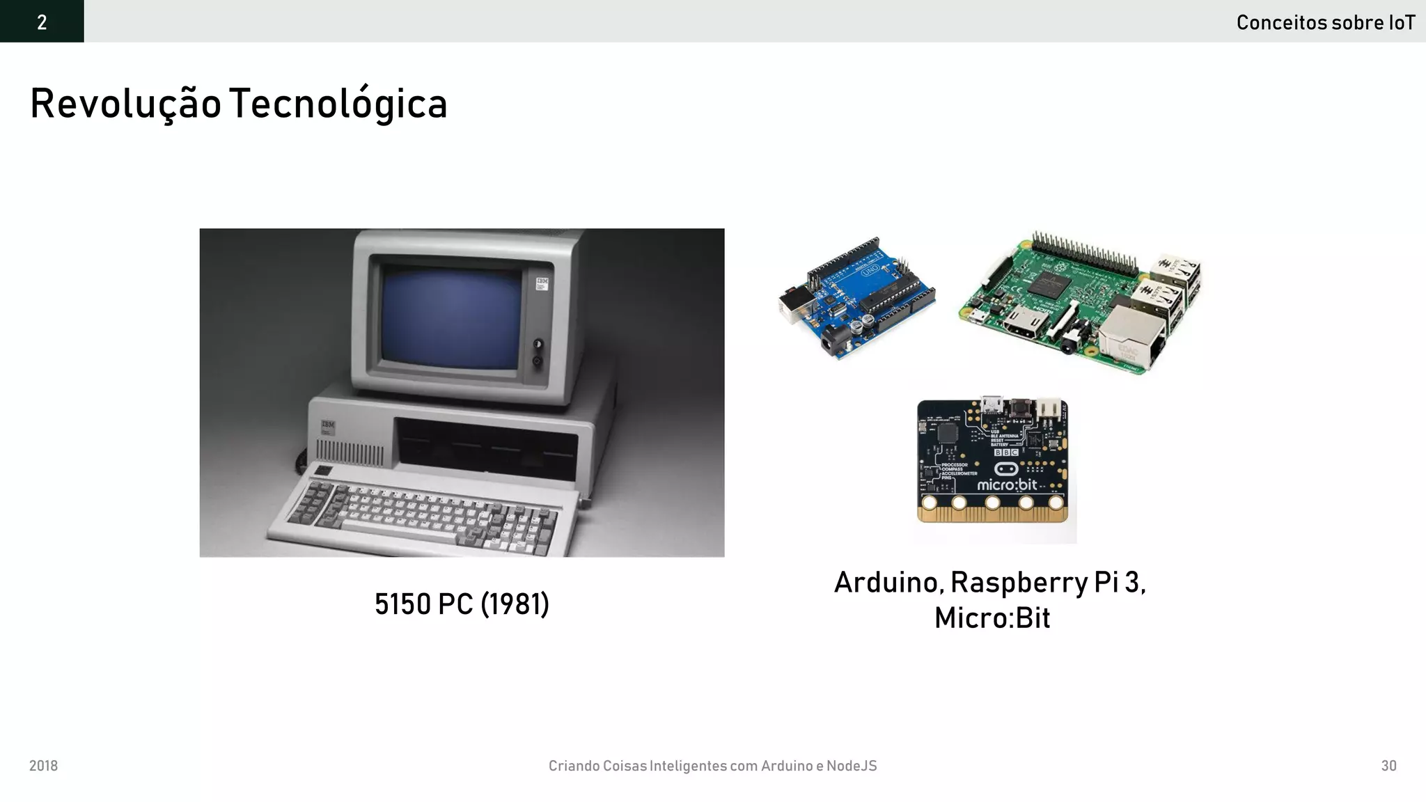 2018 Criando CoisasInteligentes com Arduino e NodeJS 30
Revolução Tecnológica
Conceitos sobre IoT2
5150 PC (1981)
Arduino, Raspberry Pi 3,
Micro:Bit
 