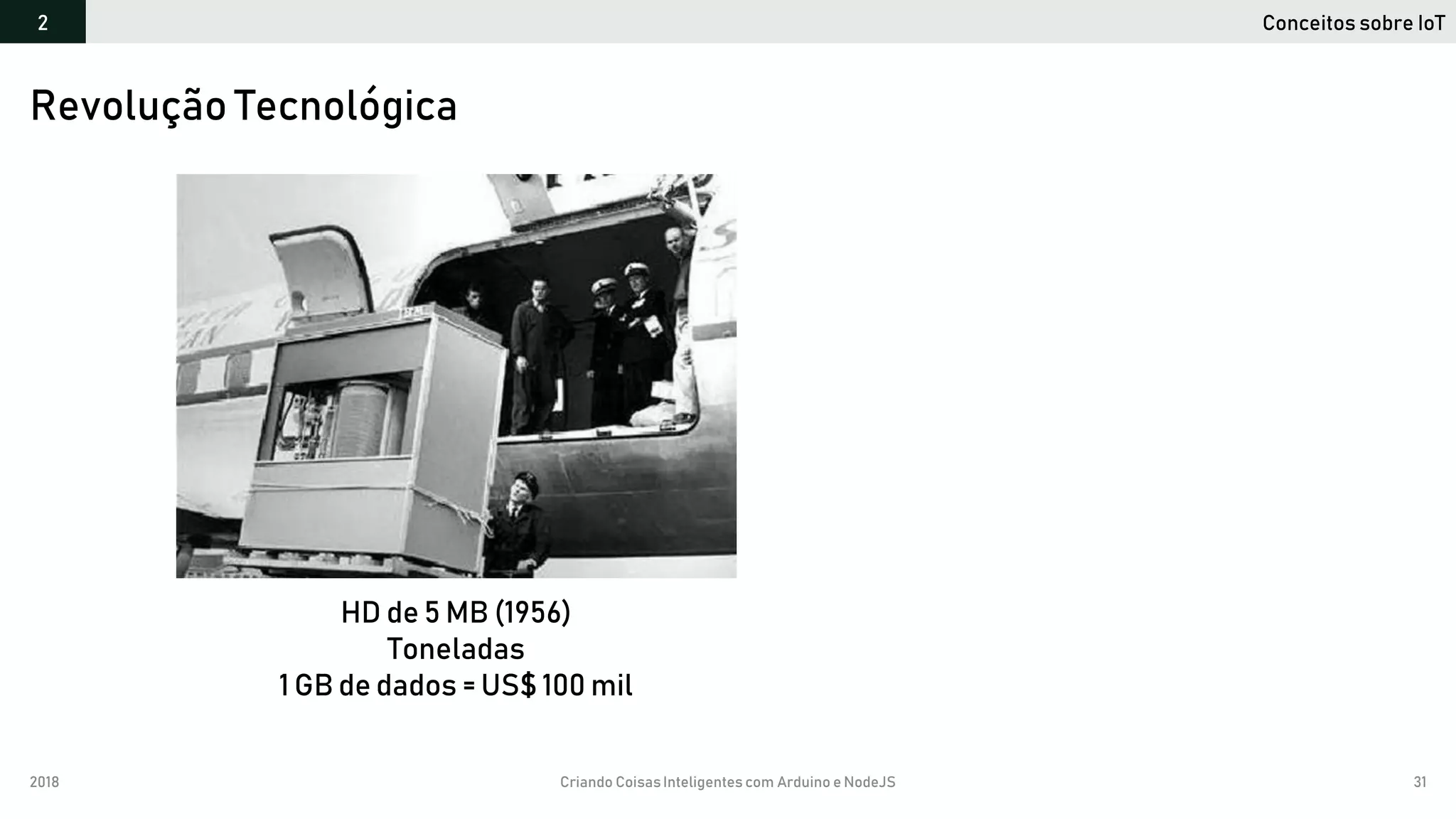 2018 Criando CoisasInteligentes com Arduino e NodeJS 31
Revolução Tecnológica
Conceitos sobre IoT2
HD de 5 MB (1956)
Toneladas
1 GB de dados = US$ 100 mil
 