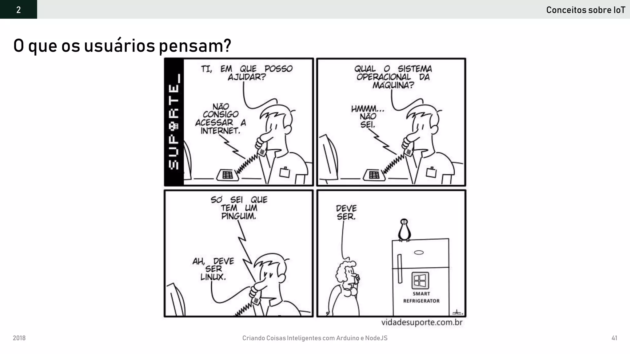 2018 Criando CoisasInteligentes com Arduino e NodeJS 41
O que os usuários pensam?
Conceitos sobre IoT2
 