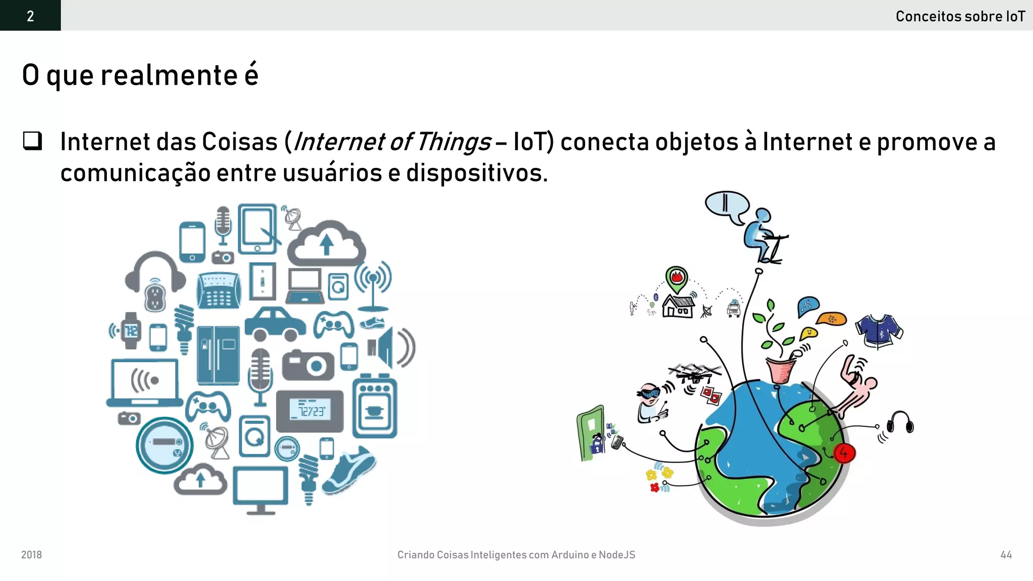 2018 Criando CoisasInteligentes com Arduino e NodeJS 44
 Internet das Coisas (Internet of Things – IoT) conecta objetos à Internet e promove a
comunicação entre usuários e dispositivos.
O que realmente é
Conceitos sobre IoT2
 
