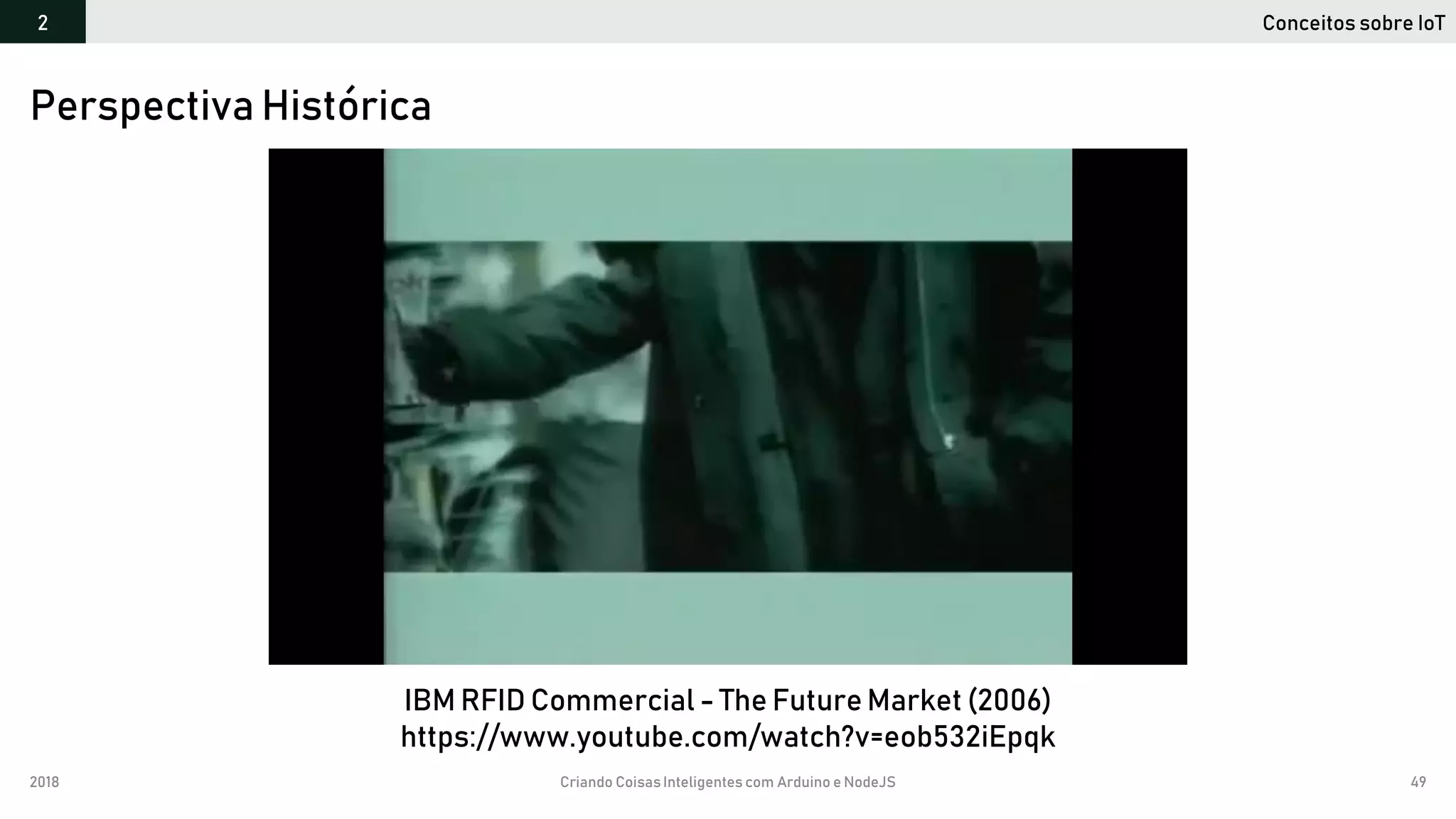 2018 Criando CoisasInteligentes com Arduino e NodeJS 49
Perspectiva Histórica
Conceitos sobre IoT2
IBM RFID Commercial - The Future Market (2006)
https://www.youtube.com/watch?v=eob532iEpqk
 
