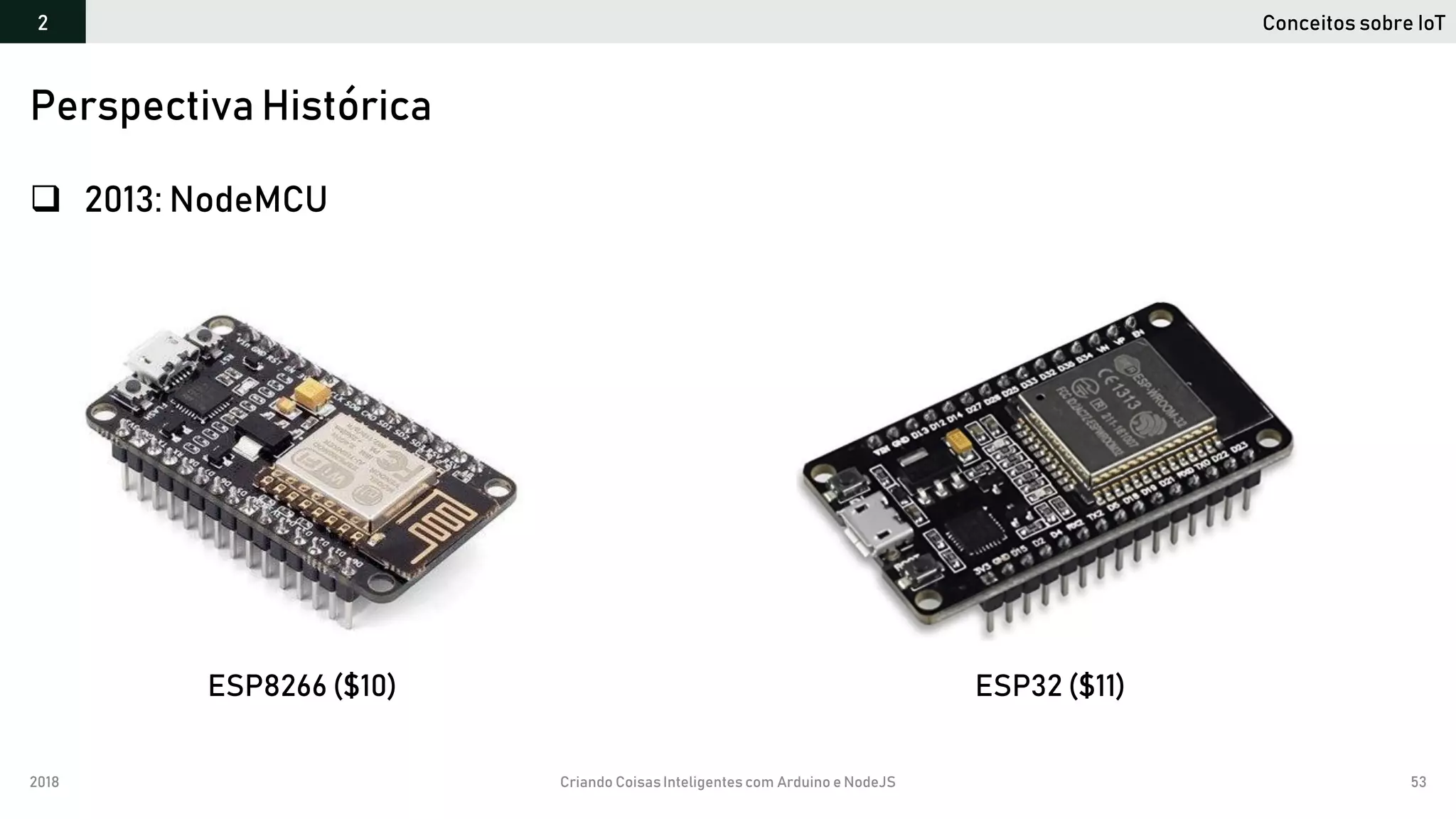 2018 Criando CoisasInteligentes com Arduino e NodeJS 53
 2013: NodeMCU
Perspectiva Histórica
Conceitos sobre IoT2
ESP8266 ($10) ESP32 ($11)
 