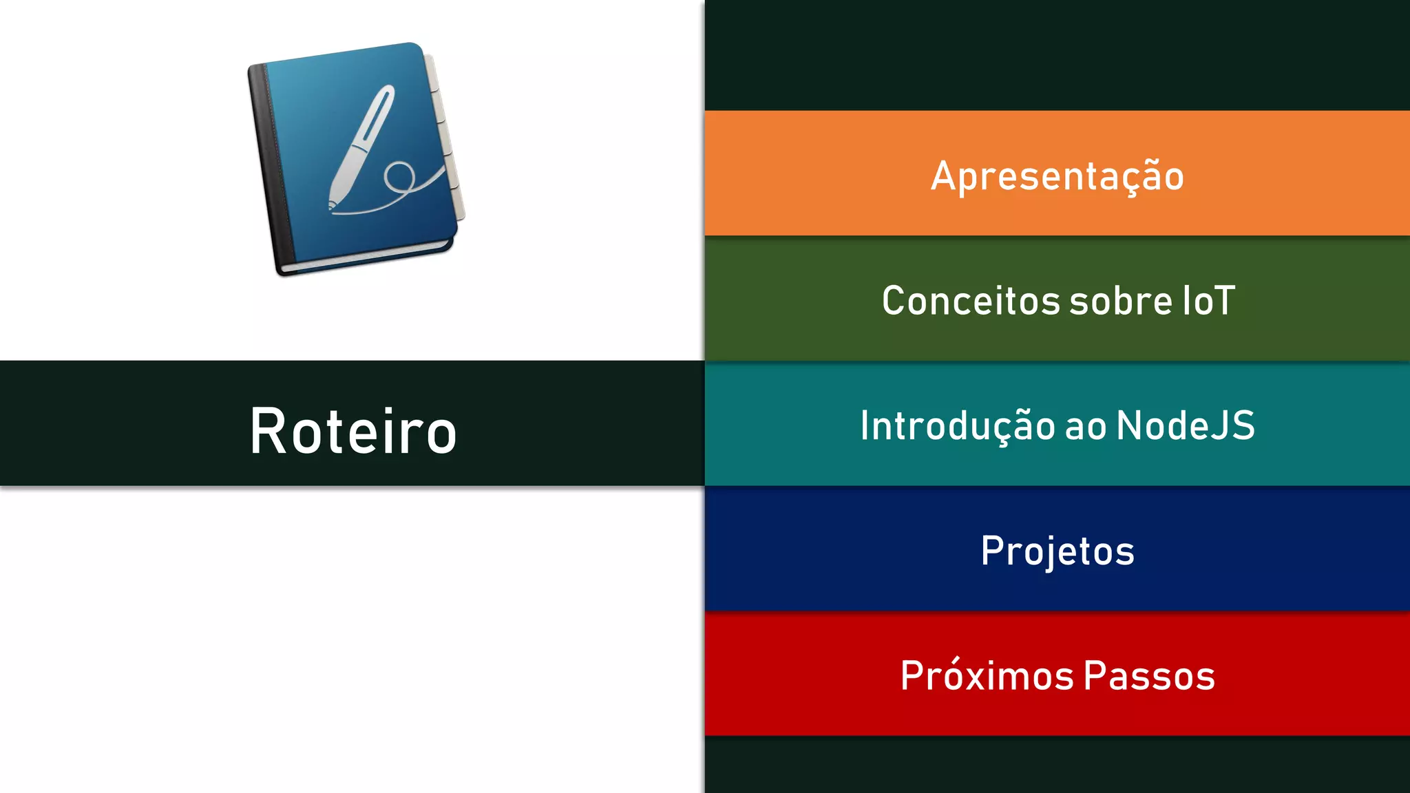 Roteiro
Próximos Passos
Projetos
Introdução ao NodeJS
Conceitos sobre IoT
Apresentação
 