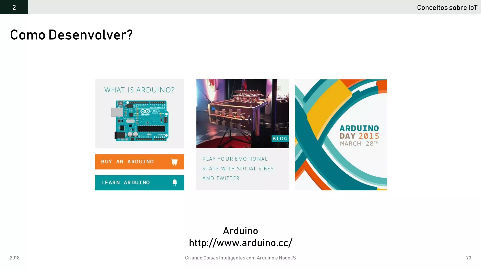 2018 Criando CoisasInteligentes com Arduino e NodeJS 73
Conceitos sobre IoT2
Como Desenvolver?
Arduino
http://www.arduino.cc/
 