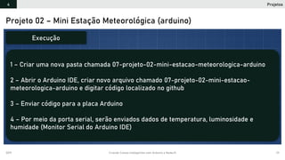 2019 Criando Coisas Inteligentes com Arduino e NodeJS 111
Projeto 02 – Mini Estação Meteorológica (arduino)
1 – Criar uma nova pasta chamada 07-projeto-02-mini-estacao-meteorologica-arduino
2 – Abrir o Arduino IDE, criar novo arquivo chamado 07-projeto-02-mini-estacao-
meteorologica-arduino e digitar código localizado no github
3 – Enviar código para a placa Arduino
4 – Por meio da porta serial, serão enviados dados de temperatura, luminosidade e
humidade (Monitor Serial do Arduino IDE)
Execução
Projetos4
 