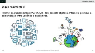 2019 Criando Coisas Inteligentes com Arduino e NodeJS 33
Internet das Coisas (Internet of Things – IoT) conecta objetos à Internet e promove a
comunicação entre usuários e dispositivos.
O que realmente é
Conceitos sobre IoT2
 
