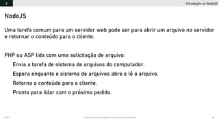 2019 Criando Coisas Inteligentes com Arduino e NodeJS 64
Introdução ao NodeJS3
NodeJS
Uma tarefa comum para um servidor web pode ser para abrir um arquivo no servidor
e retornar o conteúdo para o cliente.
PHP ou ASP lida com uma solicitação de arquivo:
Envia a tarefa de sistema de arquivos do computador.
Espera enquanto o sistema de arquivos abre e lê o arquivo.
Retorna o conteúdo para o cliente.
Pronto para lidar com o próximo pedido.
 