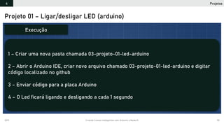 2019 Criando Coisas Inteligentes com Arduino e NodeJS 90
Projeto 01 – Ligar/desligar LED (arduino)
1 – Criar uma nova pasta chamada 03-projeto-01-led-arduino
2 – Abrir o Arduino IDE, criar novo arquivo chamado 03-projeto-01-led-arduino e digitar
código localizado no github
3 – Enviar código para a placa Arduino
4 – O Led ficará ligando e desligando a cada 1 segundo
Execução
Projetos4
 
