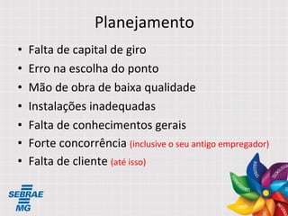 Planejamento Falta de capital de giro Erro na escolha do ponto Mão de obra de baixa qualidade Instalações inadequadas Falta de conhecimentos gerais  Forte concorrência  (inclusive o seu antigo empregador) Falta de cliente  (até isso) 