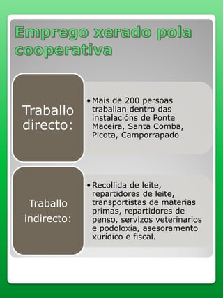 • Mais de 200 persoas
traballan dentro das
instalacións de Ponte
Maceira, Santa Comba,
Picota, Camporrapado
Traballo
directo:
• Recollida de leite,
repartidores de leite,
transportistas de materias
primas, repartidores de
penso, servizos veterinarios
e podoloxía, asesoramento
xurídico e fiscal.
Traballo
indirecto:
 