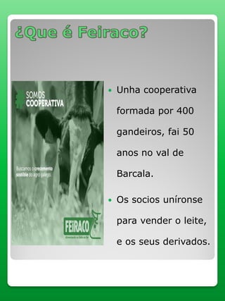  Unha cooperativa
formada por 400
gandeiros, fai 50
anos no val de
Barcala.
 Os socios uníronse
para vender o leite,
e os seus derivados.
 