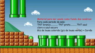 Material para ser usado como fundo dos cenários:
Para cada parede da sala:
TNT branco............ TNT preto...........TNT azul
claro e azul escuro
Giz de lousa colorido (giz de lousa verde) + Carvão
 