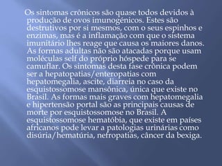 Os sintomas crônicos são quase todos devidos à 
produção de ovos imunogénicos. Estes são 
destrutivos por si mesmos, com o seus espinhos e 
enzimas, mas é a inflamação com que o sistema 
imunitário lhes reage que causa os maiores danos. 
As formas adultas não são atacadas porque usam 
moléculas self do próprio hóspede para se 
camuflar. Os sintomas desta fase crônica podem 
ser a hepatopatias/enteropatias com 
hepatomegalia, ascite, diarreia no caso da 
esquistossomose mansônica, única que existe no 
Brasil. As formas mais graves com hepatomegalia 
e hipertensão portal são as principais causas de 
morte por esquistossomose no Brasil. A 
esquistossomose hematóbia, que existe em países 
africanos pode levar a patologias urinárias como 
disúria/hematúria, nefropatias, câncer da bexiga. 
 