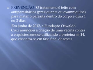 PREVENÇÃO- O tratamento é feito com 
antiparasitários (praziquante ou oxamniquina) 
para matar o parasita dentro do corpo e dura 1 
ou 2 dias. 
Em junho de 2012, a Fundação Oswaldo 
Cruz anunciou a criação de uma vacina contra 
a esquistossomose,utilizando a proteína sm14, 
que encontra-se em fase final de testes. 
 