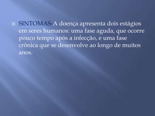  SINTOMAS-A doença apresenta dois estágios 
em seres humanos: uma fase aguda, que ocorre 
pouco tempo após a infecção, e uma fase 
crônica que se desenvolve ao longo de muitos 
anos. 
 