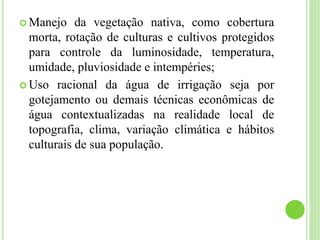  Manejo da vegetação nativa, como cobertura
morta, rotação de culturas e cultivos protegidos
para controle da luminosidade, temperatura,
umidade, pluviosidade e intempéries;
 Uso racional da água de irrigação seja por
gotejamento ou demais técnicas econômicas de
água contextualizadas na realidade local de
topografia, clima, variação climática e hábitos
culturais de sua população.
 
