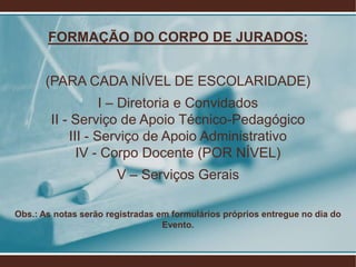 FORMAÇÃO DO CORPO DE JURADOS:


       (PARA CADA NÍVEL DE ESCOLARIDADE)
                    I – Diretoria e Convidados
        II - Serviço de Apoio Técnico-Pedagógico
             III - Serviço de Apoio Administrativo
               IV - Corpo Docente (POR NÍVEL)
                       V – Serviços Gerais

Obs.: As notas serão registradas em formulários próprios entregue no dia do
                                  Evento.
 