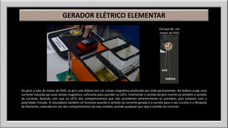 GERADOR ELÉTRICO ELEMENTAR 
Carcaça de um 
motor de DVD 
Imã 
bobina 
Ao girar o eixo do motor de DVD, se gira uma bobina em um campo magnético produzido por ímãs permanentes. Na bobina surge uma 
corrente induzida por esse campo magnético, suficiente para acender os LED’s. Invertendo o sentido do giro inverte-se também o sentido 
da corrente, fazendo com que os LED’s dos compartimentos que não acenderam anteriormente se acendam, pois estavam com a 
polaridade trocada. A calculadora também só funciona quando o sentido da corrente gerada é a correta para o seu circuito e a lâmpada 
de filamento, colocada em um dos compartimentos da casa modelo, acende qualquer que seja o sentido da corrente. 
 
