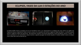 ECLIPSES, FASES DA LUA E ESTAÇÕES DO ANO 
O módulo ASTRO mostra as estações do ano nos hemisférios norte e sul, relacionando-os à incidência dos raios solares nas regiões dos 
Trópicos de Câncer e Capricórnio. Verão no norte e inverno no sul quando o Sol ilumina a região do Trópico de Câncer , o contrário quando 
ilumina a região do Trópico de Capricórnio. Nos Equinócios, quando o Sol ilumina igualmente os dois hemisférios, termos o outono no 
norte e primavera no sul, invertendo-se depois durante a segunda passagem do Sol pelo Equador. O módulo também mostra os eclipses 
Lunar e Solar, bem como as fases da Lua. 
 