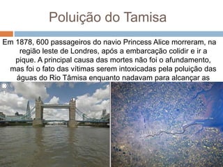 Poluição do Tamisa
Em 1878, 600 passageiros do navio Princess Alice morreram, na
região leste de Londres, após a embarcação colidir e ir a
pique. A principal causa das mortes não foi o afundamento,
mas foi o fato das vítimas serem intoxicadas pela poluição das
águas do Rio Tâmisa enquanto nadavam para alcançar as
margens.
 