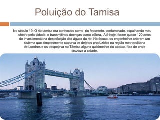 No século 19, O rio tamisa era conhecido como rio fedorento, contaminado, espalhando mau
cheiro pela cidade, e transmitindo doenças como cólera. Até hoje, foram quase 120 anos
de investimento na despoluição das águas do rio. Na época, os engenheiros criaram um
sistema que simplesmente captava os dejetos produzidos na região metropolitana
de Londres e os despejava no Tâmisa alguns quilômetros rio abaixo, fora de onde
cruzava a cidade.
Poluição do Tamisa
 