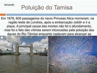 Poluição do Tamisa
Em 1878, 600 passageiros do navio Princess Alice morreram, na
região leste de Londres, após a embarcação colidir e ir a
pique. A principal causa das mortes não foi o afundamento,
mas foi o fato das vítimas serem intoxicadas pela poluição das
águas do Rio Tâmisa enquanto nadavam para alcançar as
margens.
fernandA
 