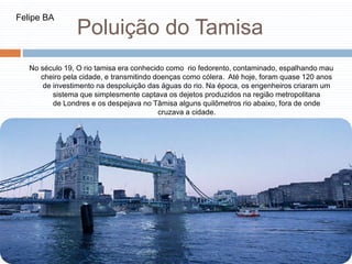 No século 19, O rio tamisa era conhecido como rio fedorento, contaminado, espalhando mau
cheiro pela cidade, e transmitindo doenças como cólera. Até hoje, foram quase 120 anos
de investimento na despoluição das águas do rio. Na época, os engenheiros criaram um
sistema que simplesmente captava os dejetos produzidos na região metropolitana
de Londres e os despejava no Tâmisa alguns quilômetros rio abaixo, fora de onde
cruzava a cidade.
Poluição do Tamisa
Felipe BA
 