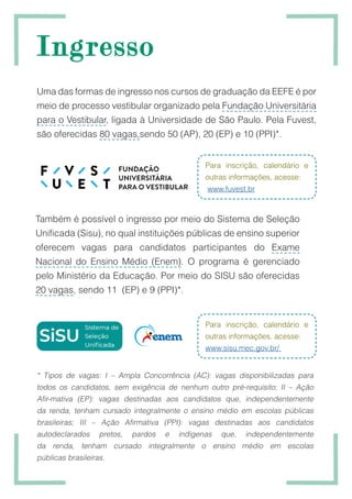 Ingresso
Ingresso
Uma das formas de ingresso nos cursos de graduação da EEFE é por
meio de processo vestibular organizado pela Fundação Universitária
para o Vestibular, ligada à Universidade de São Paulo. Pela Fuvest,
são oferecidas 80 vagas,sendo 50 (AP), 20 (EP) e 10 (PPI)*.
* Tipos de vagas: I – Ampla Concorrência (AC): vagas disponibilizadas para
todos os candidatos, sem exigência de nenhum outro pré-requisito; II – Ação
Afir-mativa (EP): vagas destinadas aos candidatos que, independentemente
da renda, tenham cursado integralmente o ensino médio em escolas públicas
brasileiras; III – Ação Afirmativa (PPI): vagas destinadas aos candidatos
autodeclarados pretos, pardos e indígenas que, independentemente
da renda, tenham cursado integralmente o ensino médio em escolas
públicas brasileiras.
Para inscrição, calendário e
outras informações, acesse:
www.fuvest.br
Para inscrição, calendário e
outras informações, acesse:
www.sisu.mec.gov.br/
Também é possível o ingresso por meio do Sistema de Seleção
Unificada (Sisu), no qual instituições públicas de ensino superior
oferecem vagas para candidatos participantes do Exame
Nacional do Ensino Médio (Enem). O programa é gerenciado
pelo Ministério da Educação. Por meio do SISU são oferecidas
20 vagas, sendo 11 (EP) e 9 (PPI)*.
 
