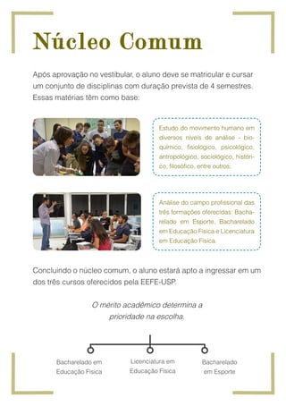 Após aprovação no vestibular, o aluno deve se matricular e cursar
um conjunto de disciplinas com duração prevista de 4 semestres.
Essas matérias têm como base:
O mérito acadêmico determina a
prioridade na escolha.
Bacharelado
em Esporte
Bacharelado em
Educação Física
Licenciatura em
Educação Física
Núcleo Comum
Núcleo Comum
Concluindo o núcleo comum, o aluno estará apto a ingressar em um
dos três cursos oferecidos pela EEFE-USP.
Estudo do movimento humano em
diversos níveis de análise - bio-
químico, fisiológico, psicológico,
antropológico, sociológico, históri-
co, filosófico, entre outros;
Análise do campo profissional das
três formações oferecidas: Bacha-
relado em Esporte, Bacharelado
em Educação Física e Licenciatura
em Educação Física.
 