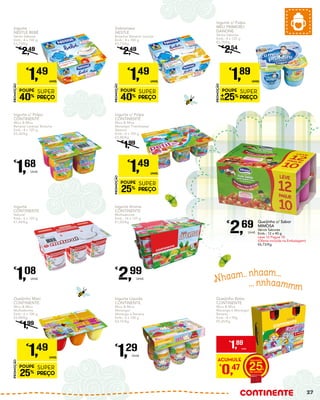 Iogurte c/ Polpa
MEU PRIMEIRO
DANONE
Vários Sabores
Emb.: 4 x 125 g
€3,78/Kg
€
2,54
PROMOÇÃO
POUPE
25%
SUPER
PREÇO
€
1,89
UNID.
PROMOÇÃO
POUPE
25%
SUPER
PREÇO
€
1,49
UNID.
Iogurte
NESTLÉ BEBÉ
Vários Sabores
Emb.: 4 x 100 g
€3,73/Kg
€
2,49
PROMOÇÃO
POUPE
40%
SUPER
PREÇO
€
1,49
UNID.
Sobremesa
NESTLÉ
Bolacha/ Banana/ Laranja
Emb.: 4 x 100 g
€3,73/Kg
€
2,49
PROMOÇÃO
POUPE
40%
SUPER
PREÇO
€
1,49
UNID.
PROMOÇÃO
POUPE
25%
SUPER
PREÇO
€
1,49
UNID.
Iogurte c/ Polpa
CONTINENTE
Mico & Mica
Morango/ Framboesa/
Alperce
Emb.: 6 x 100 g
€2,48/Kg
€
1,99
Queijinho Maxi
CONTINENTE
Mico & Mica
Multisabores
Emb.: 6 x 100 g
€2,48/Kg
€
1,99
Iogurte Aroma
CONTINENTE
Multisabores
Emb.: 16 x 125 g
€1,50/Kg
€
2,99
Unid.
Iogurte Líquido
CONTINENTE
Mico & Mica
Morango/
Morango e Banana
Emb.: 6 x 100 g
€2,15/Kg
€
1,29
Unid.
Iogurte c/ Polpa
CONTINENTE
Mico & Mica
Banana/ Laranja/ Bolacha
Emb.: 4 x 125 g
€3,36/Kg
€
1,68
Unid.
Iogurte
CONTINENTE
Natural
Emb.: 6 x 125 g
€1,44/Kg
€
1,08
Unid.
Nhaam.. nhaam...
... nnhaammm
Queijinho c/ Sabor
MIMOSA
Vários Sabores
Emb.: 12 x 40 g
Leve 12 Pague 10
(Oferta incluída na Embalagem)
€6,73/Kg
€
2,69
Unid.
Queijinho Bolso
CONTINENTE
Mico & Mica
Morango e Morango/
Banana
Emb.: 4 x 90g
€5,25/Kg
ACUMULE
€
0,47 25
€
1,89
UNID.
27
 