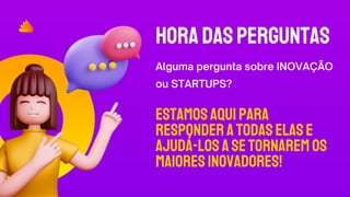 HORADASPERGUNTAS
Alguma pergunta sobre INOVAÇÃO
ou STARTUPS?
Estamosaquipara
responderatodaselase
ajudá-losasetornaremos
maioresINOVADORES!
 