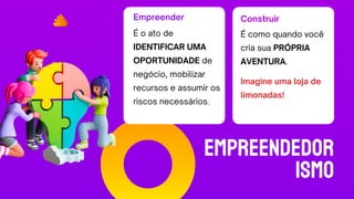EMPREENDEDOR
ISMO
É o ato de
IDENTIFICAR UMA
OPORTUNIDADE de
negócio, mobilizar
recursos e assumir os
riscos necessários.
É como quando você
cria sua PRÓPRIA
AVENTURA.
Imagine uma loja de
limonadas!
Empreender Construir
 